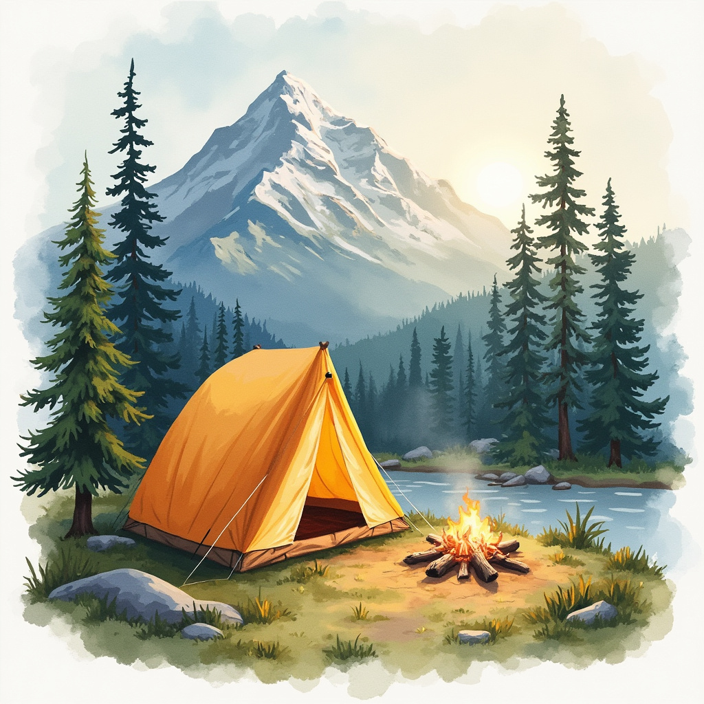 Illustration of a camping trip with an orange tent and bonfire by a river, surrounded by pine trees and a towering mountain in the background.