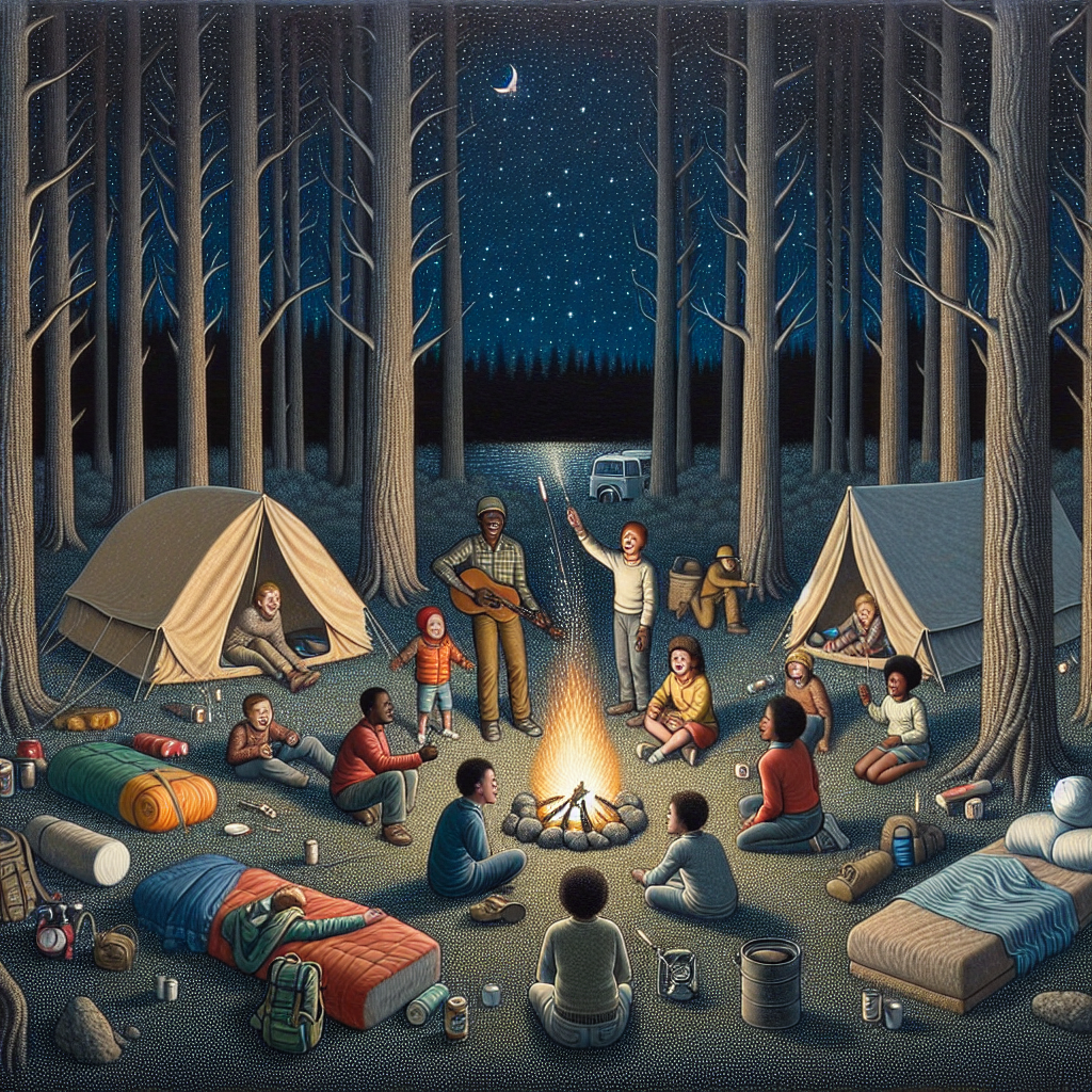 A cozy camping scene under a starry night, featuring a diverse group gathered around a campfire with tents nearby, capturing the warmth of friendship and adventure.