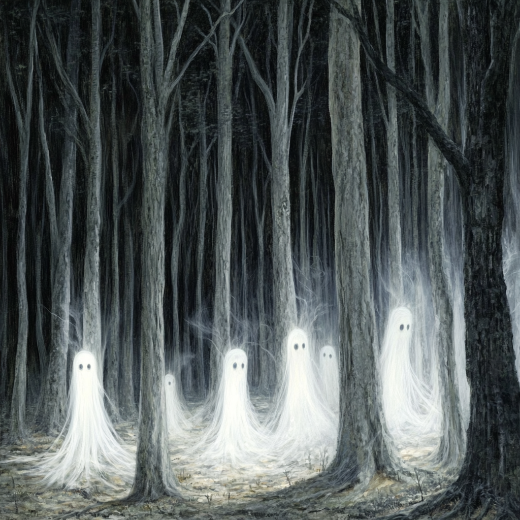 A spooky forest featuring ethereal ghosts emerging from the mist, creating an eerie atmosphere. This haunting image makes for a striking forum avatar.