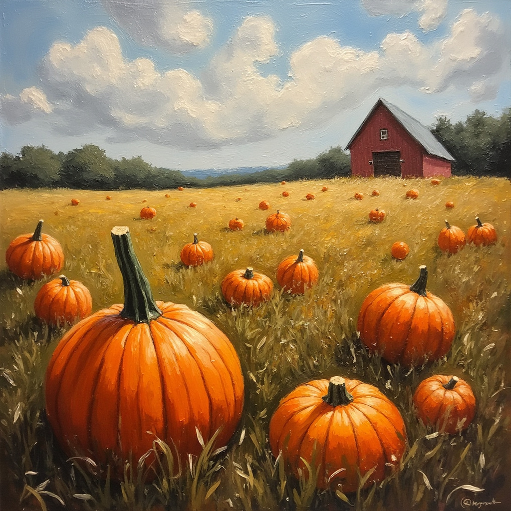 A vibrant pumpkin patch with numerous bright orange pumpkins scattered across a golden field, framed by a blue sky and a rustic red barn in the background.