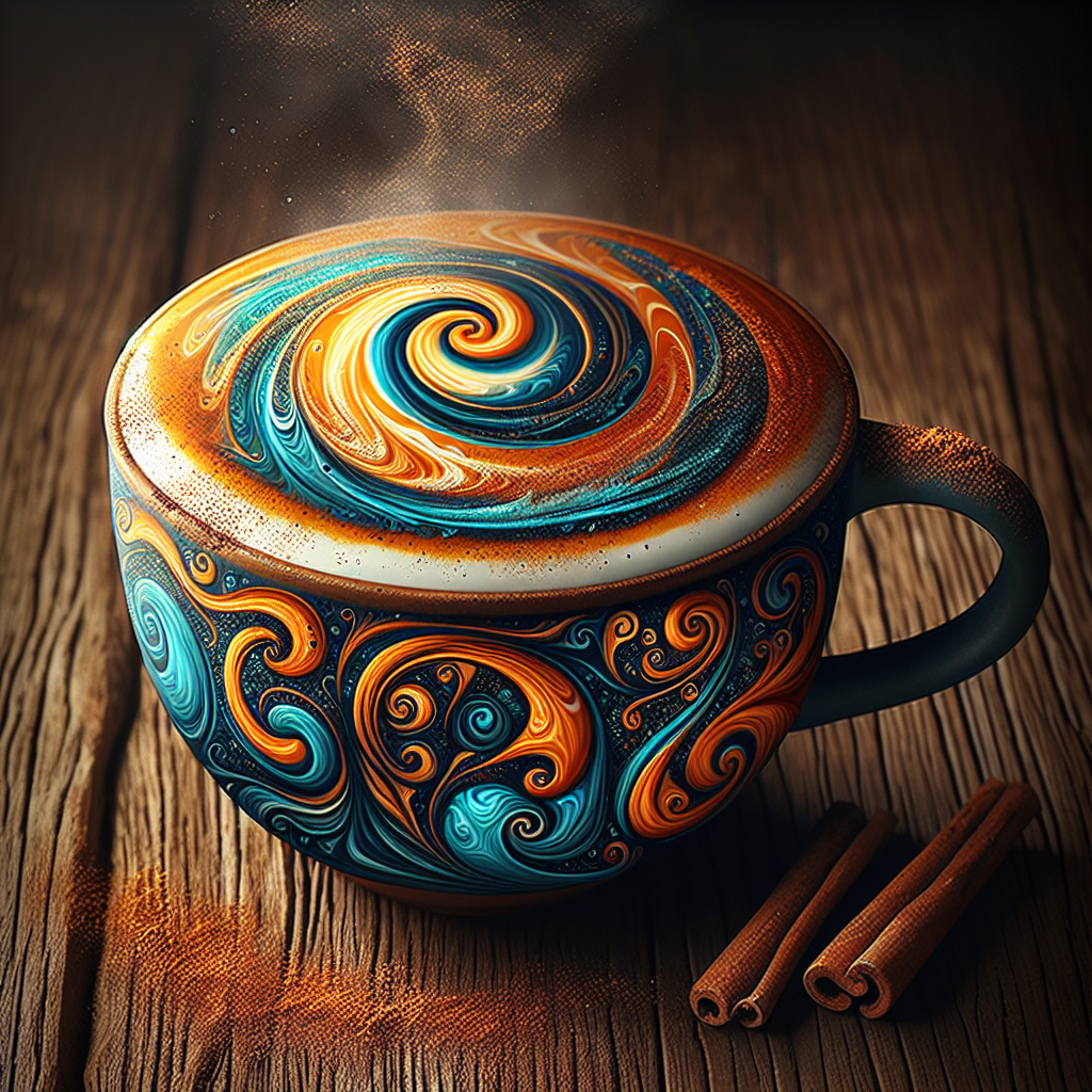 Colorful pumpkin spice latte swirls in a decorative cup, surrounded by cinnamon sticks, creating a warm and inviting profile picture for a forum avatar.