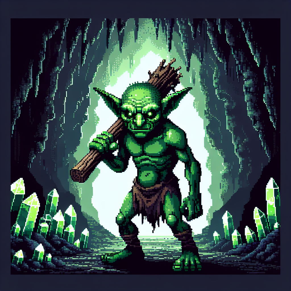 A pixel art goblin avatar stands in a cave, holding a wooden club, surrounded by glowing green crystals. The character has a mischievous expression and pointed ears.