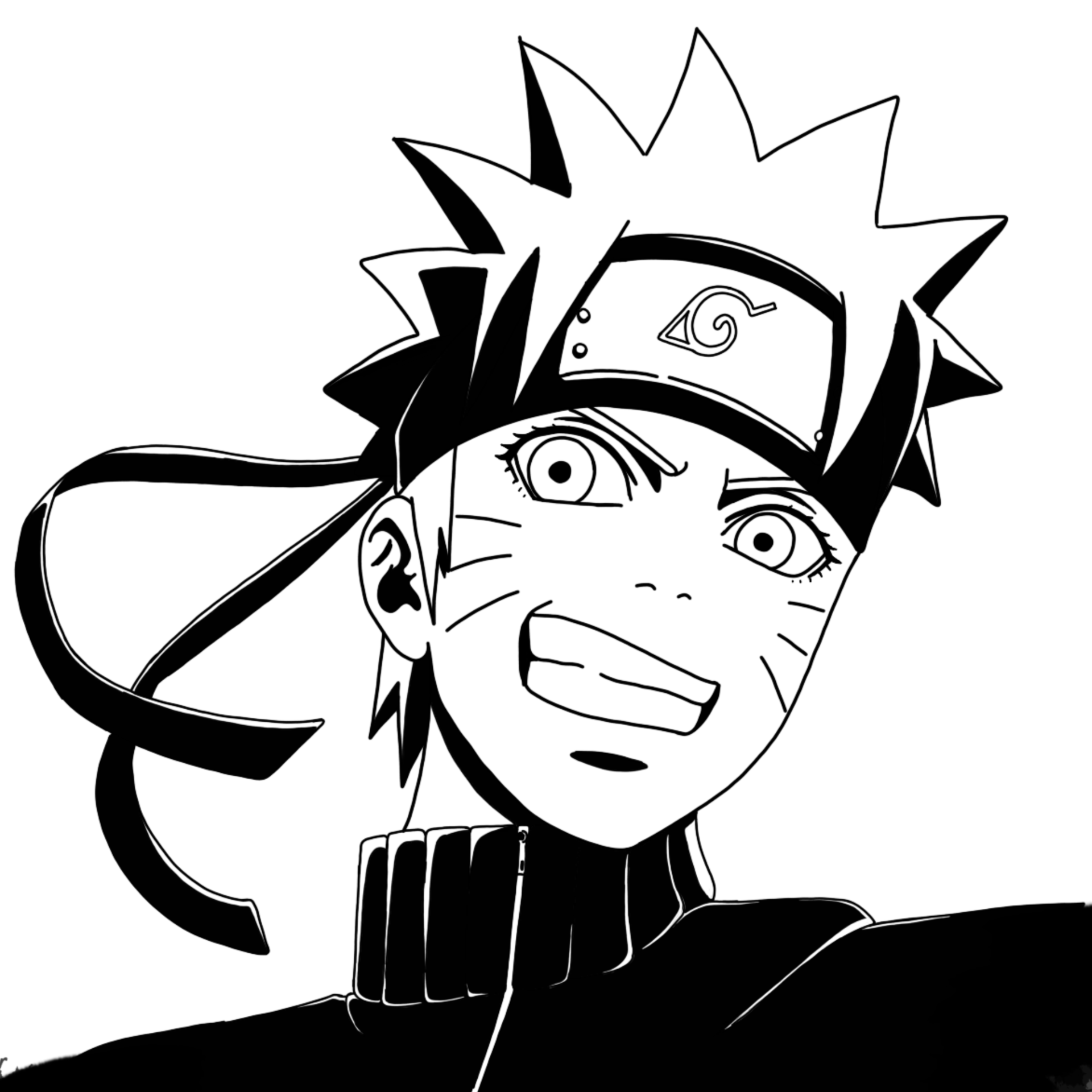 Black and white manga-style avatar of Naruto Uzumaki wearing a Hokage headband, showcasing his confident and energetic expression.