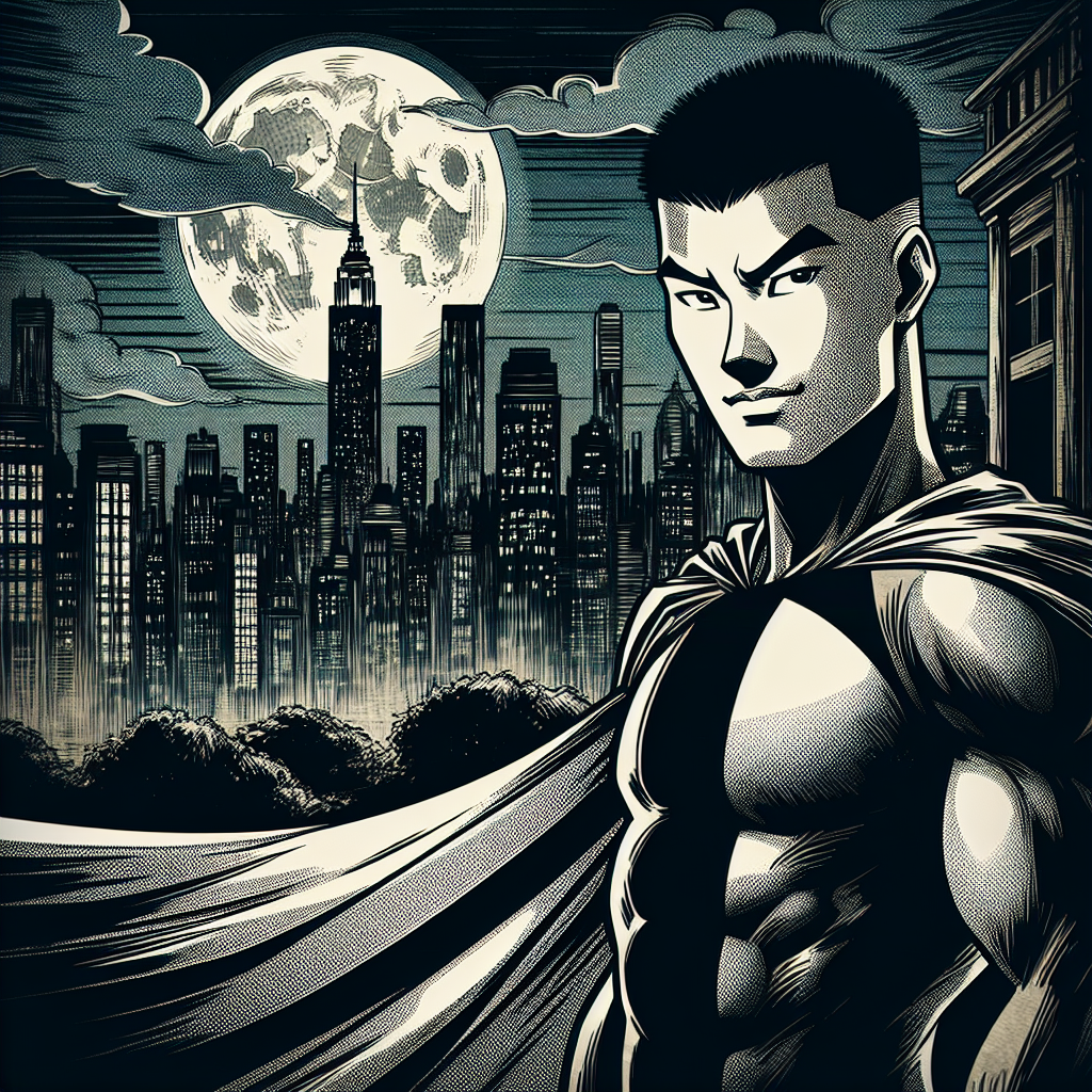 A bold superhero figure stands in front of a city skyline at night, illuminated by a full moon, showcasing strength and determination in a dynamic, artistic style.