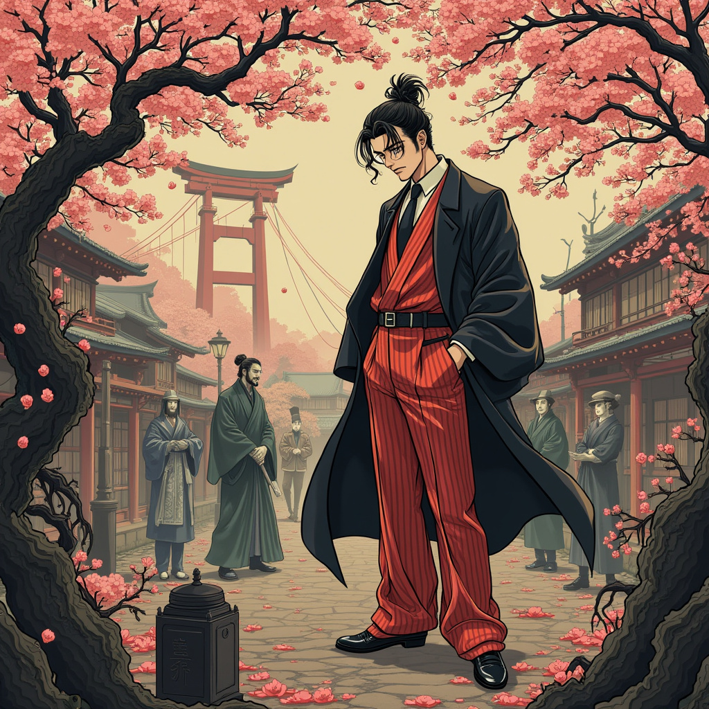 An anime-styled character in a red striped suit stands confidently in a scenic setting with cherry blossoms, embodying a mafia theme amidst traditional architecture.
