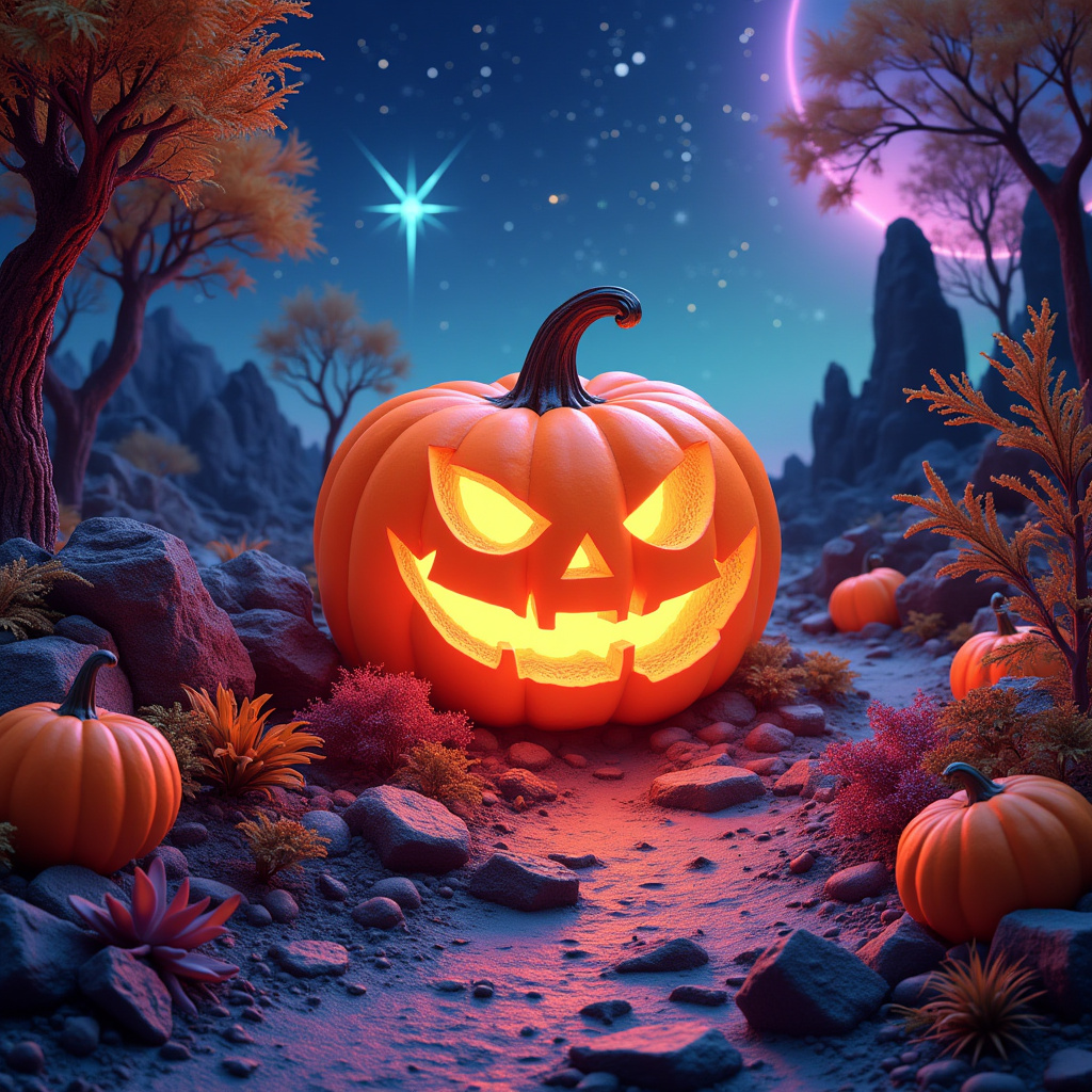 A glowing jack-o'-lantern stands amidst a mystical landscape with colorful foliage and a starry night sky, creating a vibrant and enchanting forum avatar.