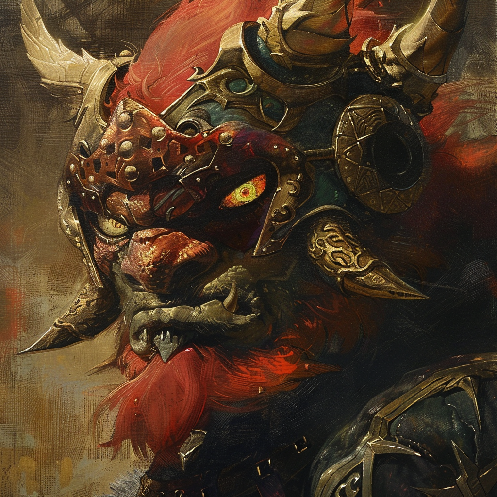Portrait of Ganon from The Legend of Zelda, depicted as a fierce fantasy warrior monster with ornate horned armor and glowing eyes.