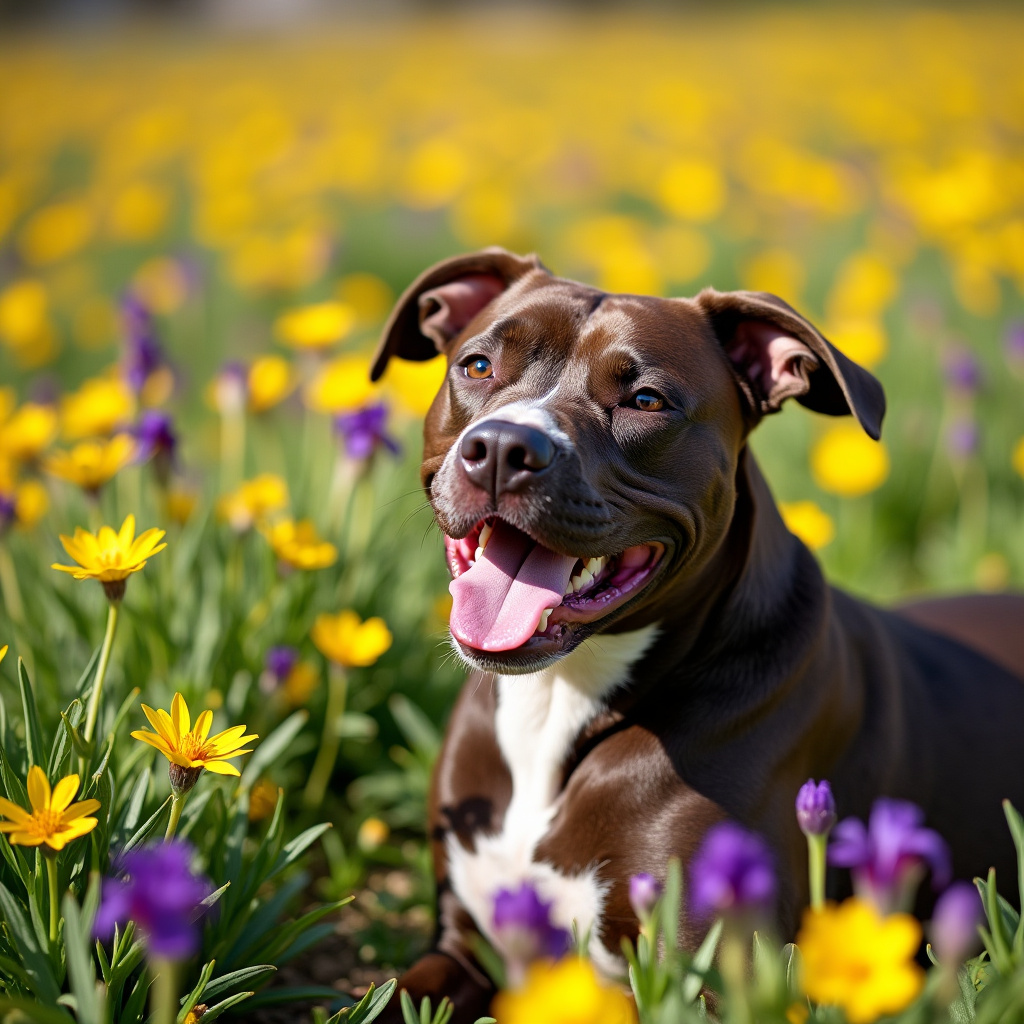 Happy pitbull dog sitting in a vibrant field of yellow and purple flowers, captured as a lively forum profile photo.