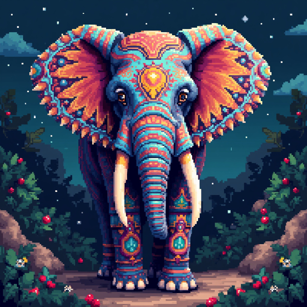 A vibrant, stylized elephant stands majestically amid lush greenery and flowers, making a striking forum avatar or profile picture.