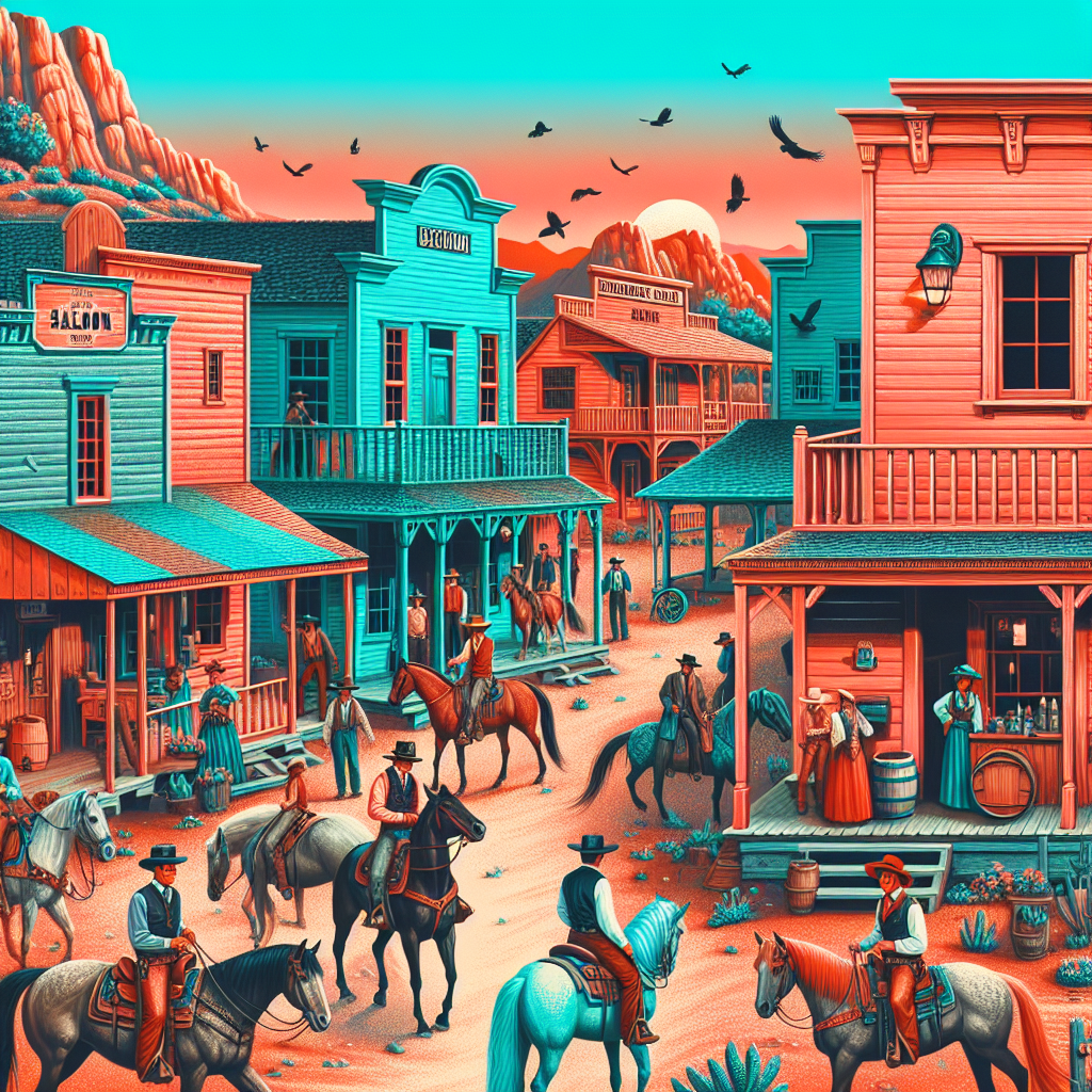 Vibrant Wild West scene with cowboys on horseback gathered in a lively frontier town featuring a saloon and wooden western buildings under a bright turquoise sky.