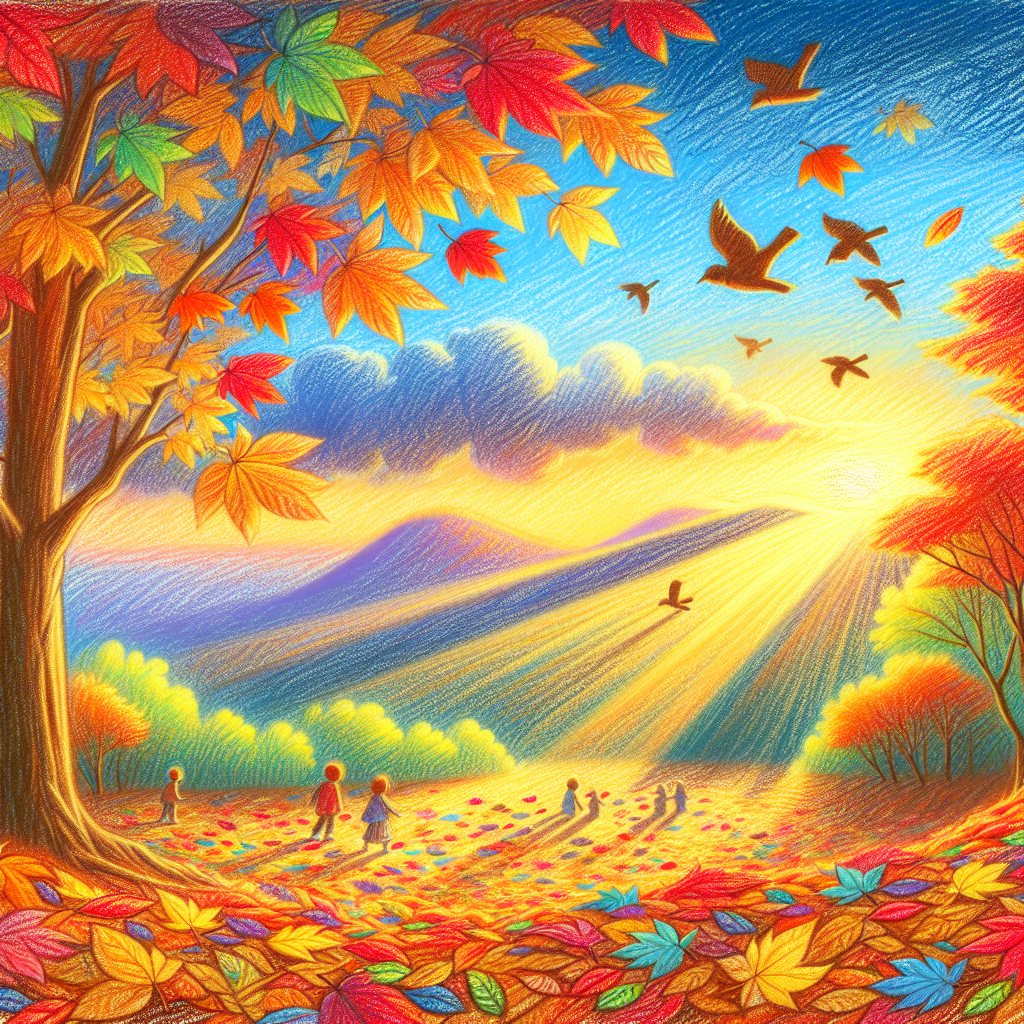 A vibrant fall scene featuring colorful leaves, a bright sunset, and silhouettes of people walking through a landscape, capturing the essence of autumn in a profile photo.