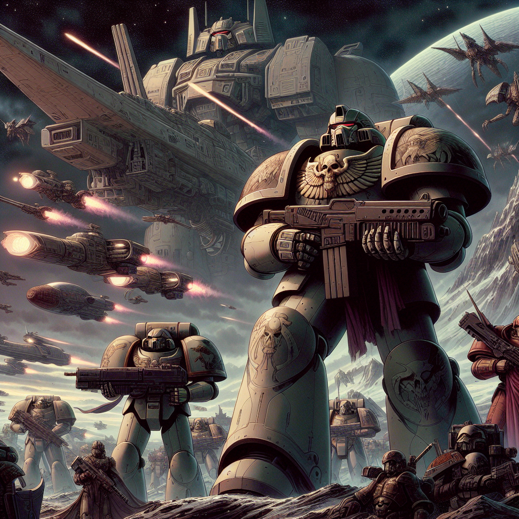 A dramatic Warhammer 40k scene featuring imposing Space Marines in battle, surrounded by starships and explosions, serves as a striking forum avatar.