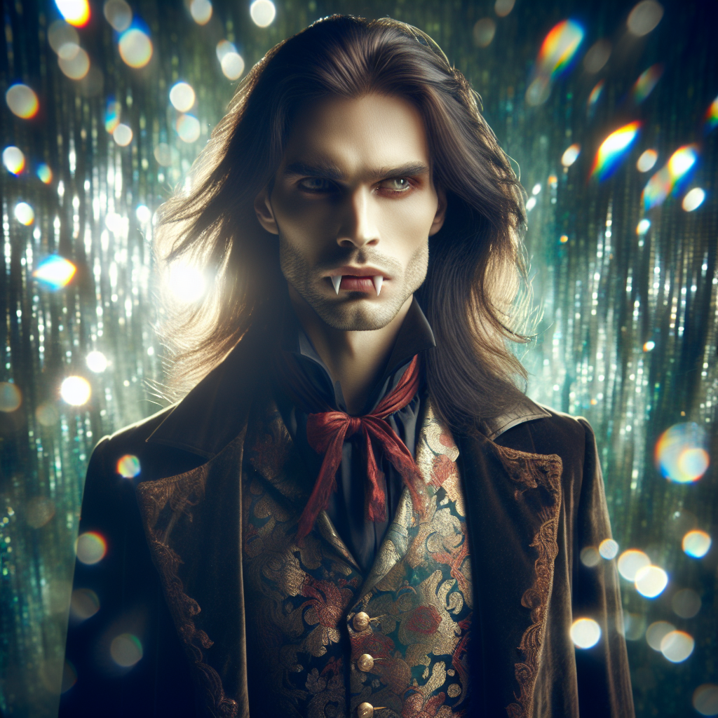 A striking vampire-themed profile photo featuring a pale, elegant figure with fangs, long hair, and a vintage outfit, set against a shimmering, ethereal backdrop.