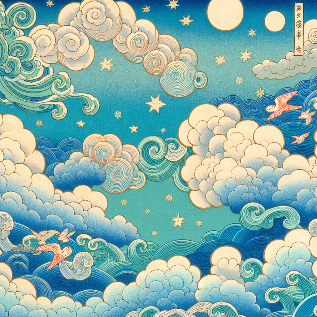 A vibrant forum avatar featuring a stylized depiction of clouds, embellished with swirling patterns, stars, and birds against a blue sky, creating a serene and artistic atmosphere.