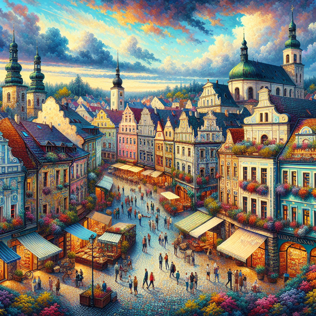 Colorful cityscape of a lively town square with market stalls, historic architecture, and people strolling under a vibrant sky, depicted in a detailed, painterly style.