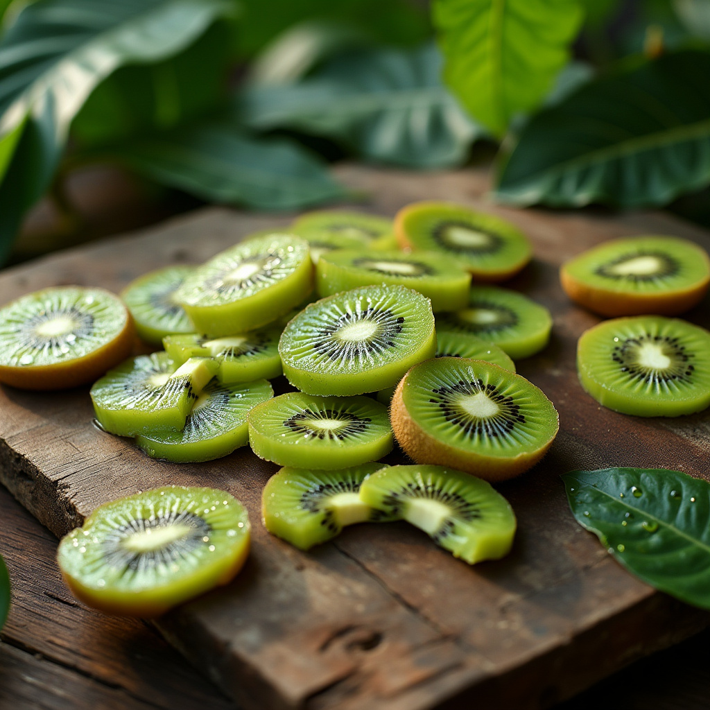 Vibrant kiwi slices scattered on a wooden surface, surrounded by lush green leaves, serving as a fresh and lively forum avatar.