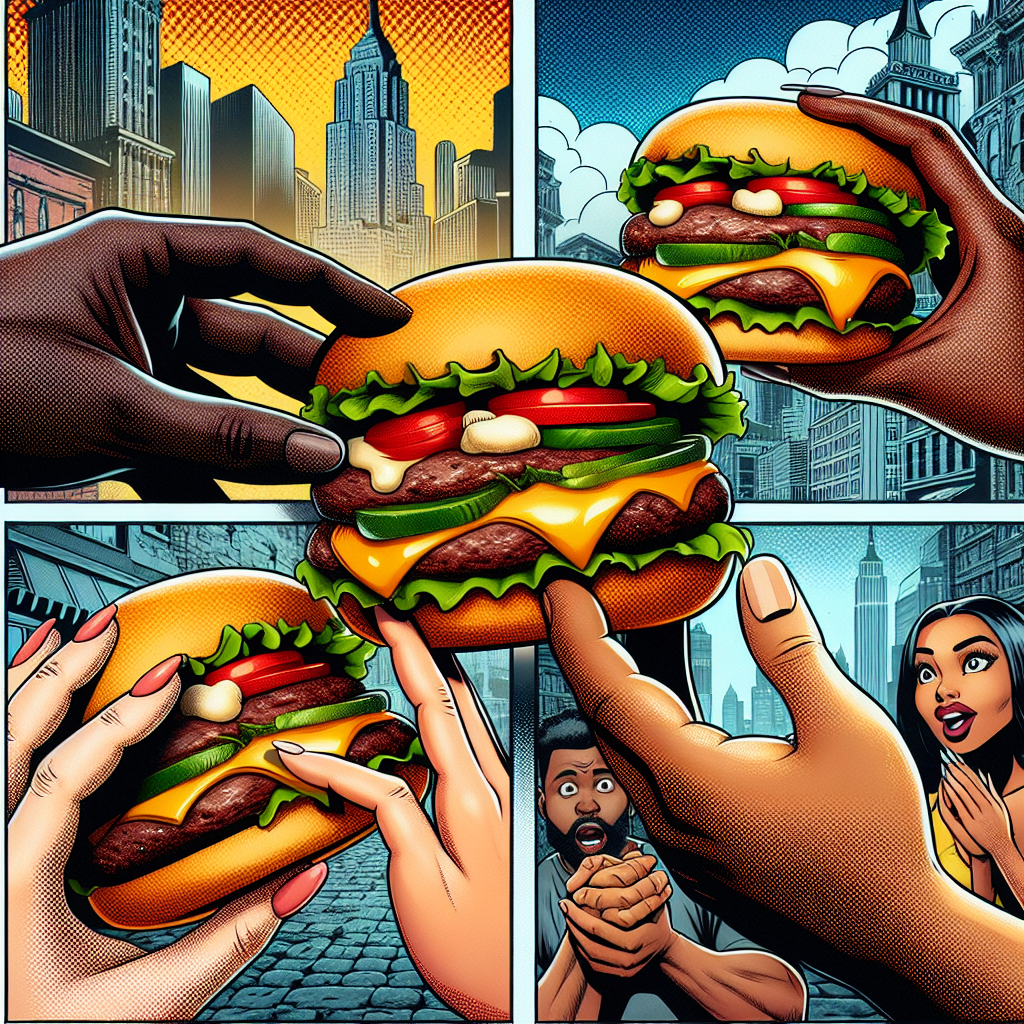 Comic-style image of diverse hands holding cheeseburgers in an urban setting, with cityscapes and expressive faces in the background.