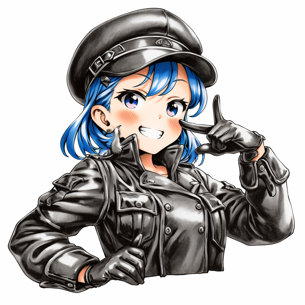 Anime girl avatar with blue hair, wearing a black leather outfit and cap, striking a confident pose. This engaging manga-style illustration makes a bold profile picture.