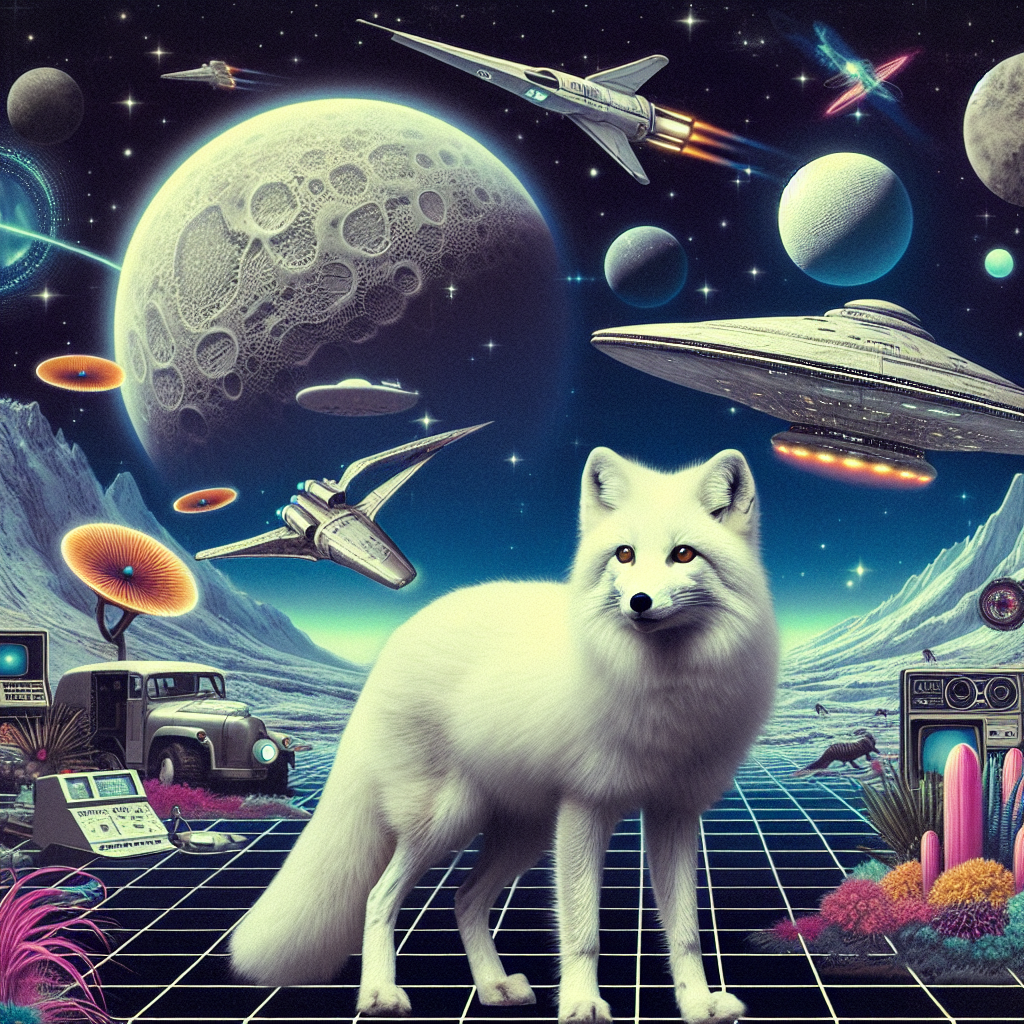 A digital illustration of an arctic fox in a vibrant, cosmic landscape, featuring planets, spaceships, and retro technology, suitable as a forum avatar or profile photo.