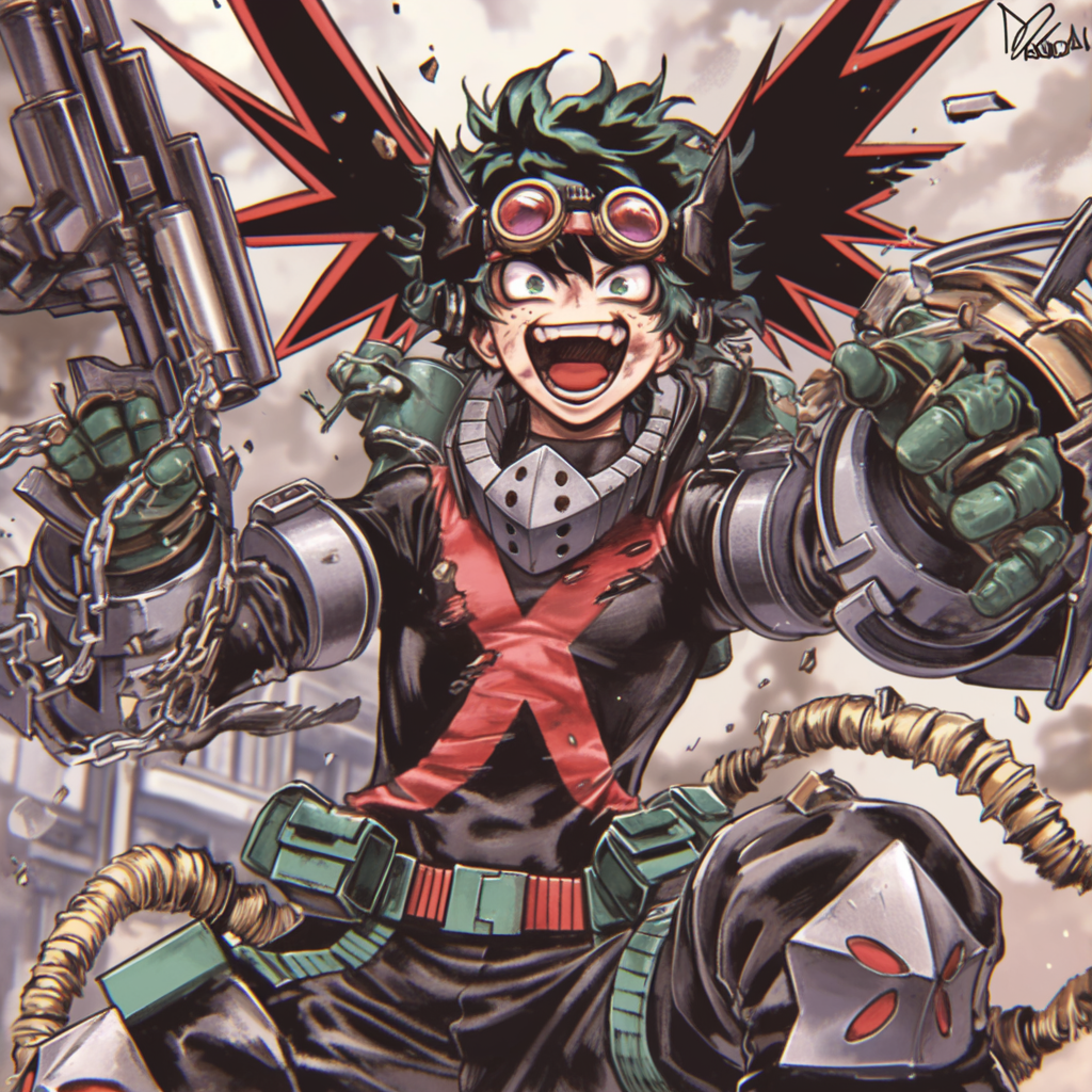 Anime character Izuku Midoriya from My Hero Academia is featured in this vibrant profile picture, showcasing an excited expression and dynamic pose with mechanical elements.