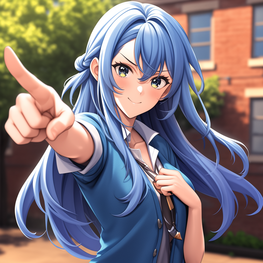 Anime-style girl with long blue hair and expressive eyes points forward confidently, set against a sunlit school building background, fitting for a forum avatar.