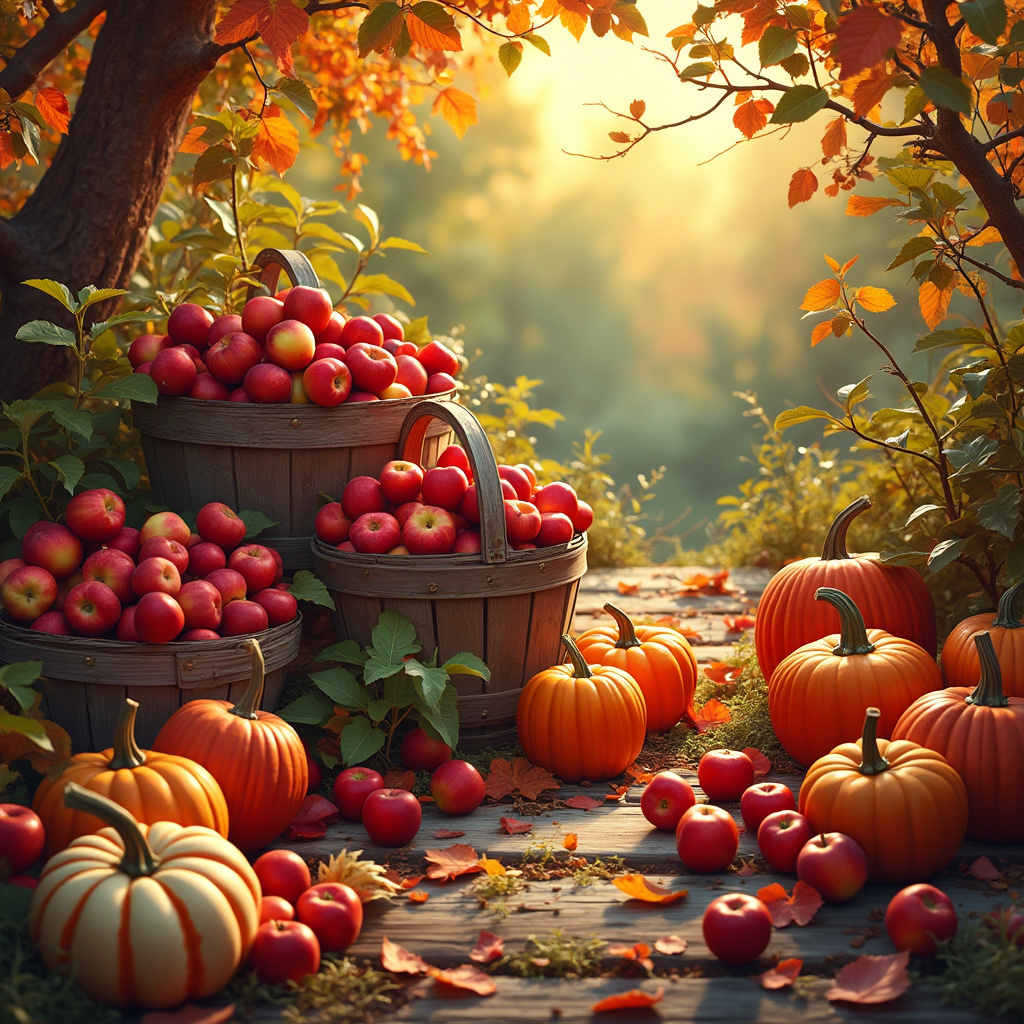 A seasonal harvest scene featuring baskets of red apples and vibrant pumpkins surrounded by autumn leaves, creating a warm and inviting atmosphere.