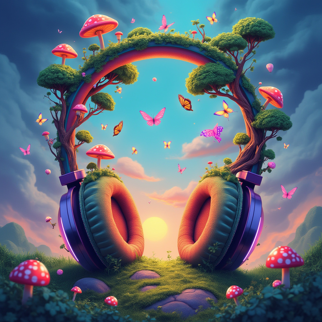 A whimsical profile photo featuring vibrant headphones adorned with colorful mushrooms and butterflies, set against a serene landscape.