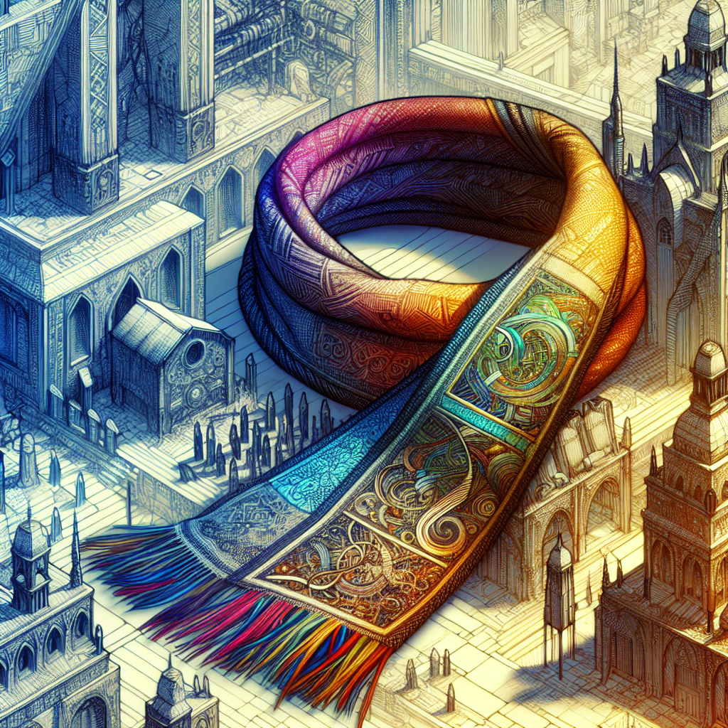 Illustration of a colorful, ornate scarf coiled above detailed architectural structures, blending vibrant textile patterns with intricate building designs in a fantasy setting.
