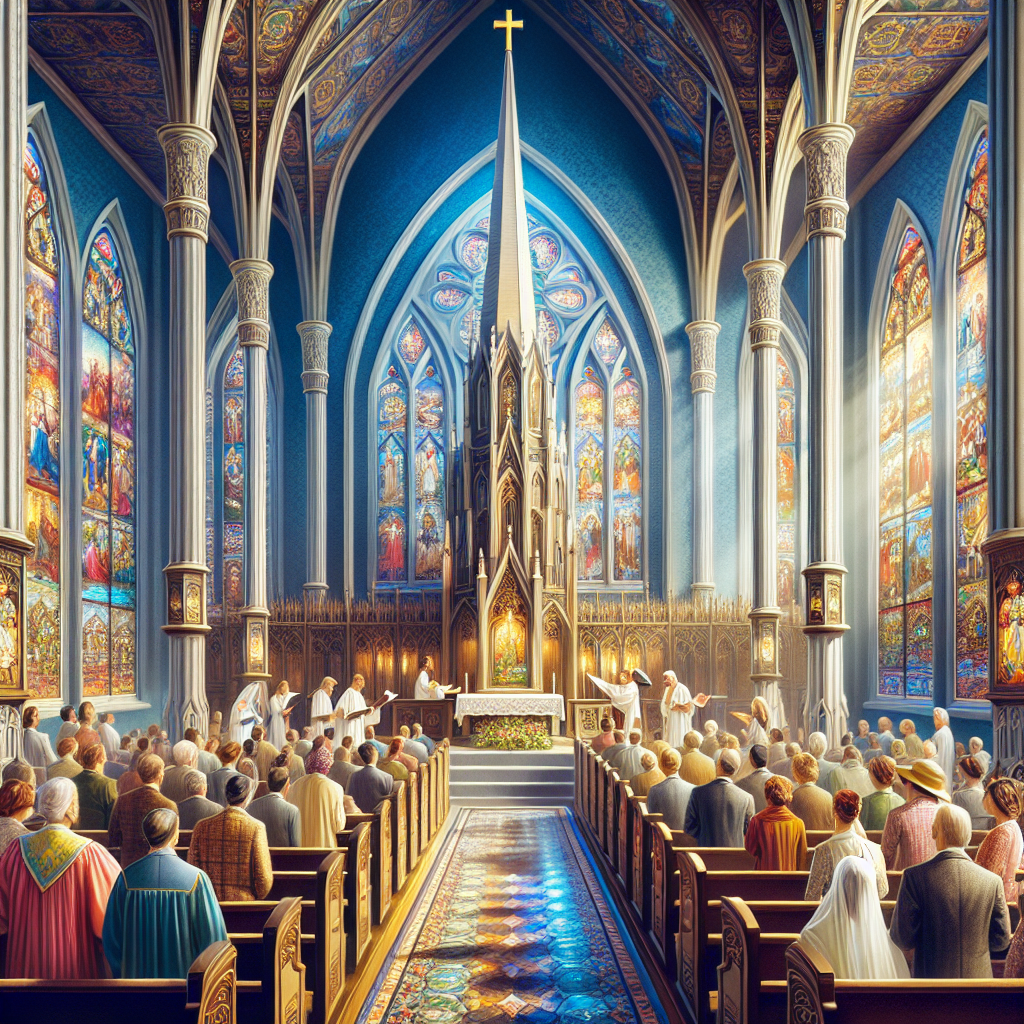 Interior of a grand Christian church with a congregation worshiping, colorful stained glass windows, and an ornate altar bathed in light.