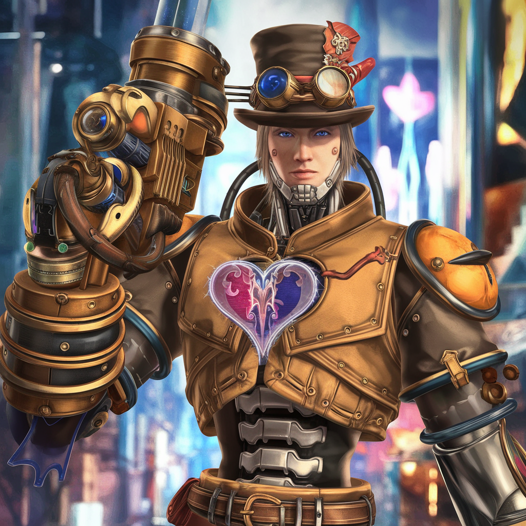 A steampunk-inspired avatar featuring a stylish character in a mechanical arm, wearing a top hat and an armored jacket with a heart emblem, set against a vibrant city background.