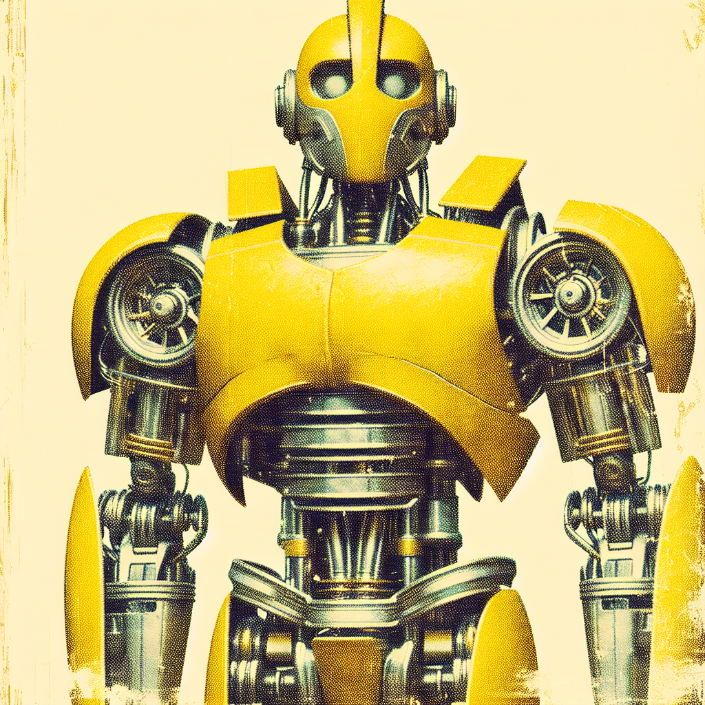 A vibrant avatar featuring a yellow robot with a sleek design, showcasing mechanical details and a friendly appearance. The background is a subtle, faded texture.