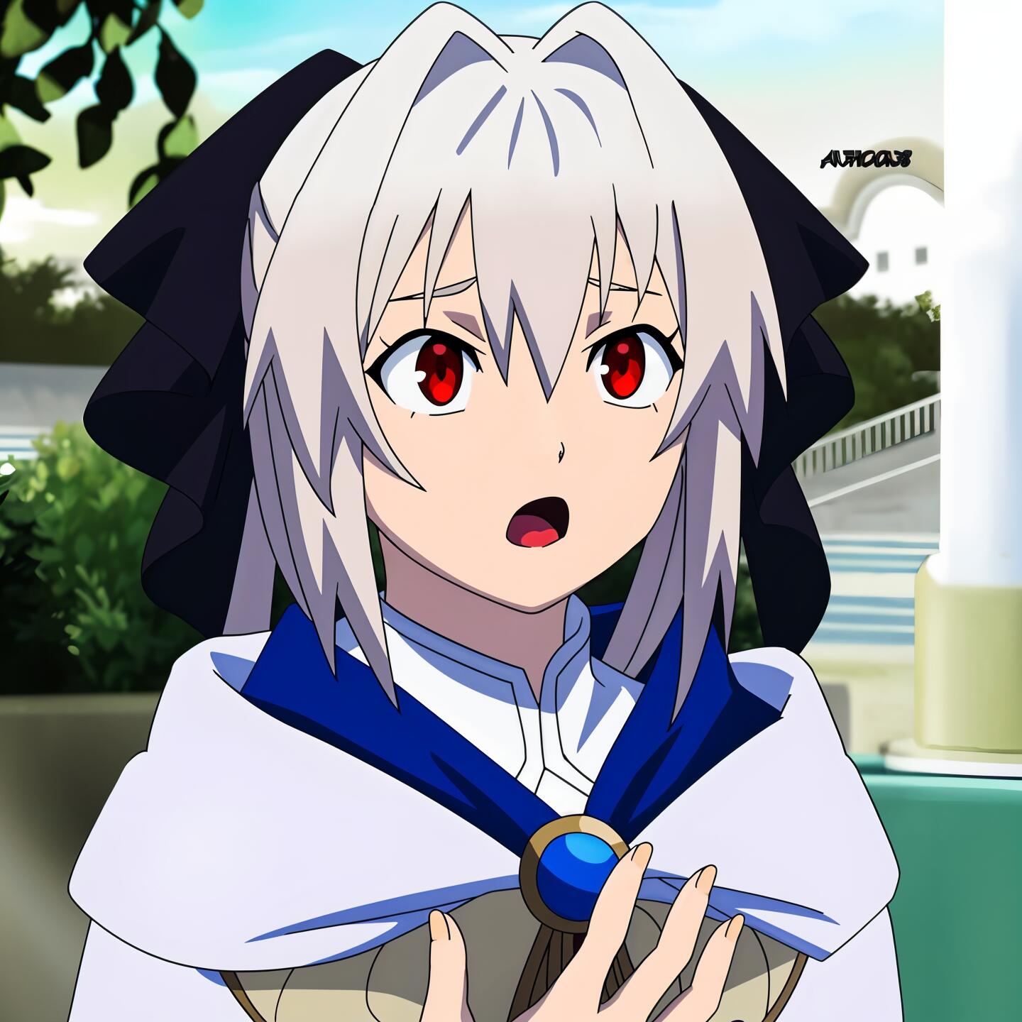 Anime profile photo of Lynne from I Parry Everything, featuring a character with silver hair and red eyes, expressing surprise or concern in a vibrant outdoor setting.