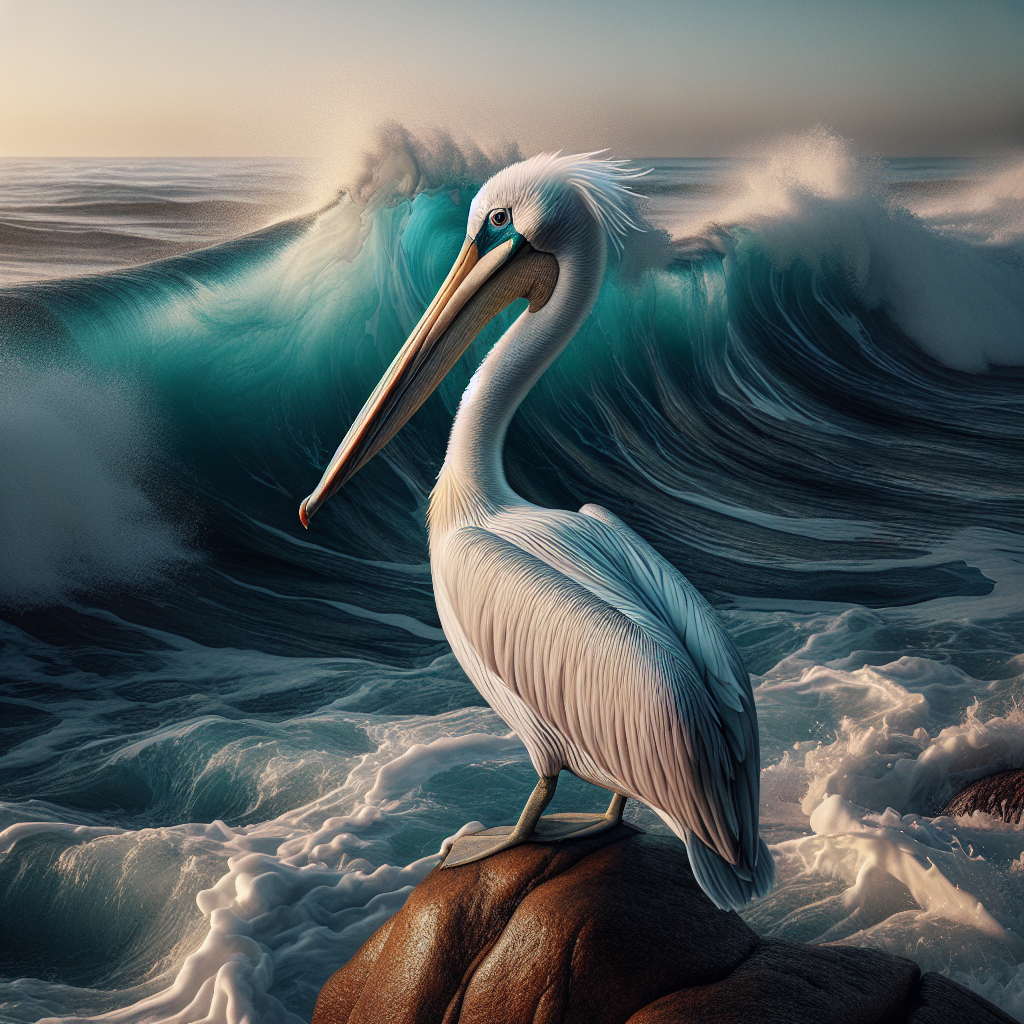 A striking avatar featuring a pelican standing on a rock amidst crashing waves, capturing the essence of coastal life and nature's beauty.