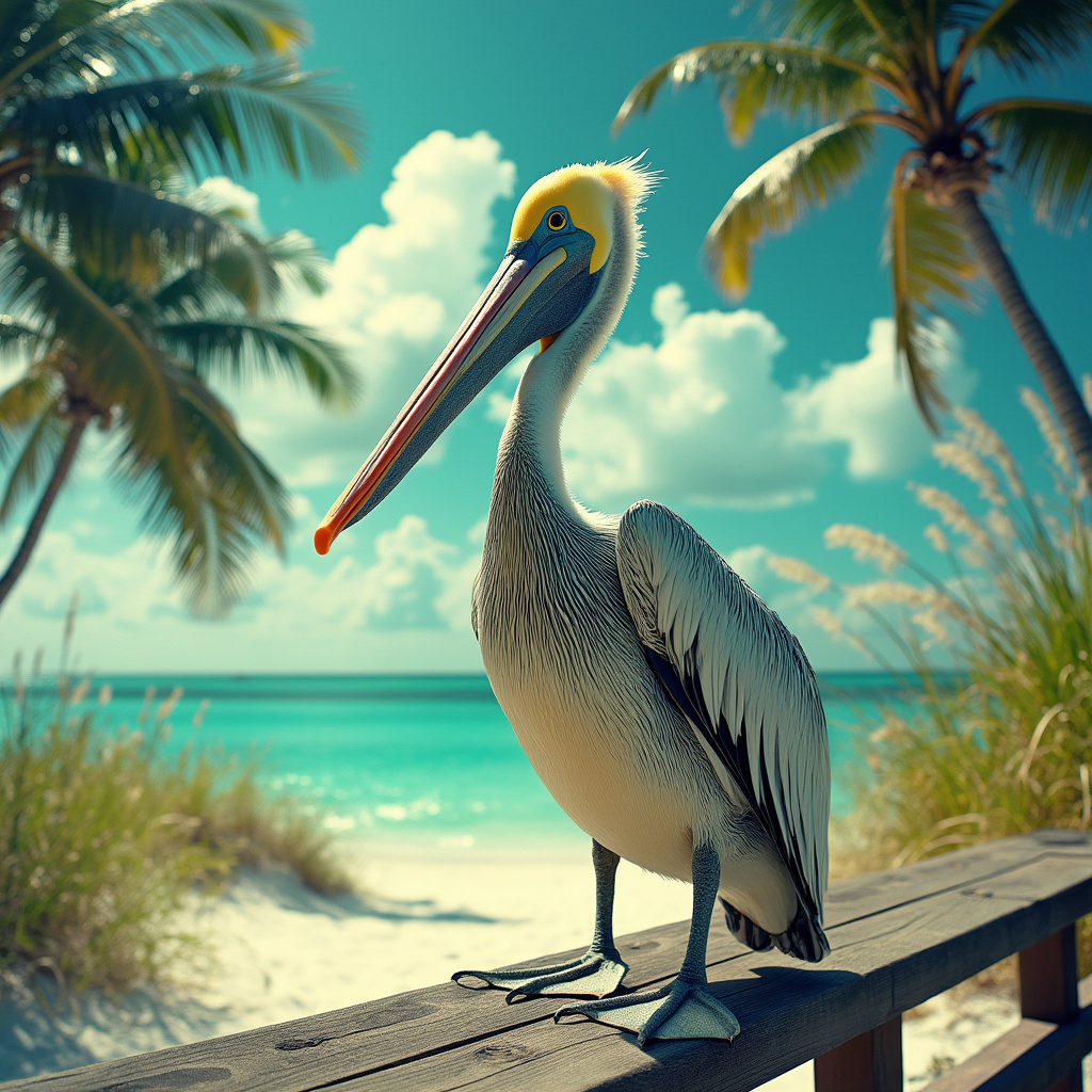 A pelican stands on a wooden railing by the beach, surrounded by palm trees and a vibrant ocean backdrop, making it a charming forum avatar or profile picture.