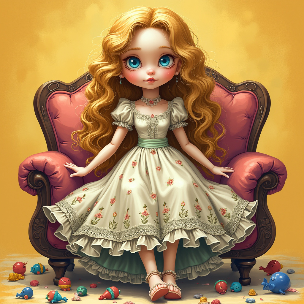 A whimsical profile picture featuring a doll with long blonde curls, wearing a floral dress, sitting gracefully on a purple chair surrounded by colorful toys.