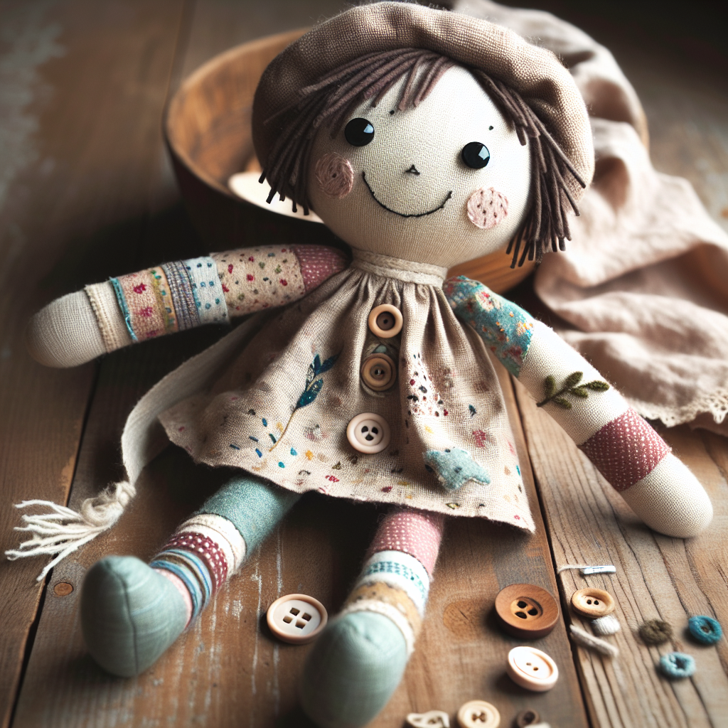 A charming handmade doll sits on a wooden surface, surrounded by colorful buttons. It features a smiling face, stitched details, and a lovely dress, evoking a cozy, whimsical vibe.