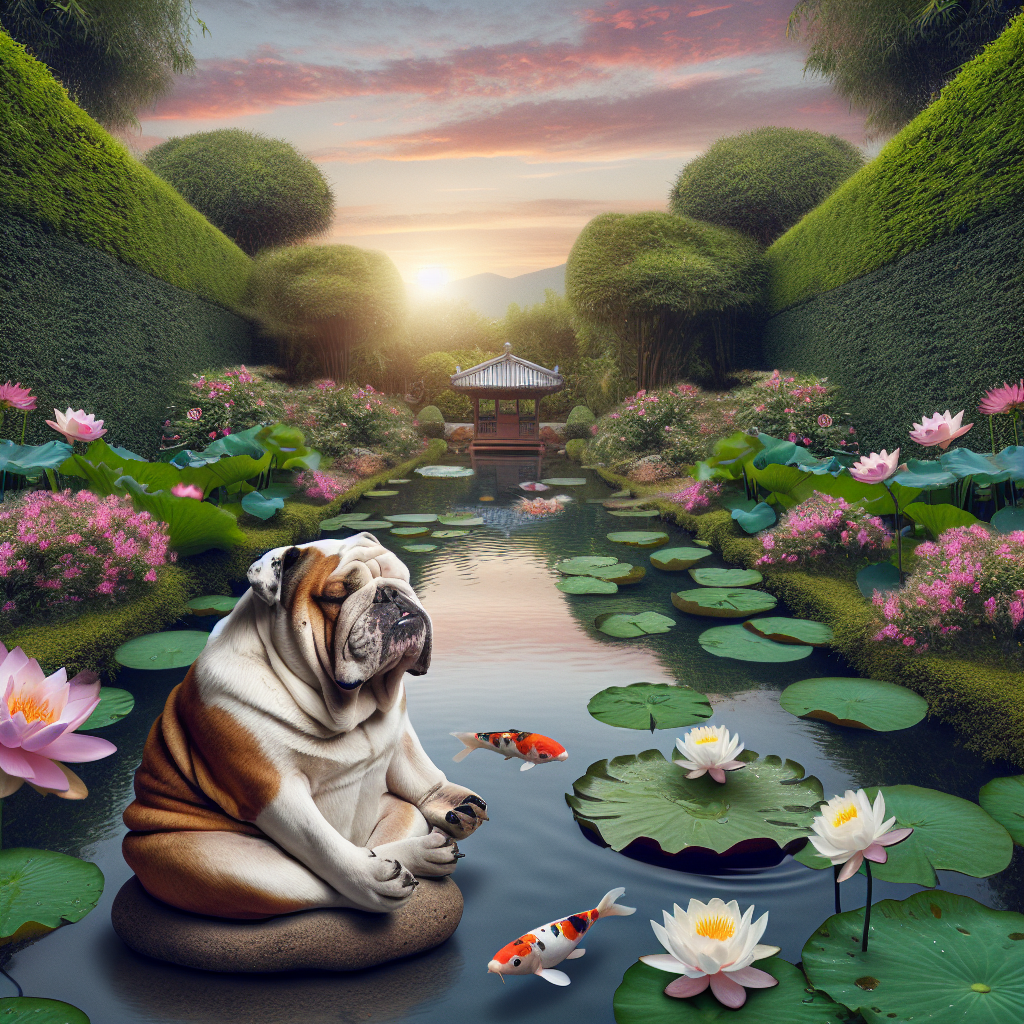 A serene bulldog sits on a stone in a tranquil garden, surrounded by water lilies and koi fish, bathed in soft sunset light—an engaging avatar for a forum profile.