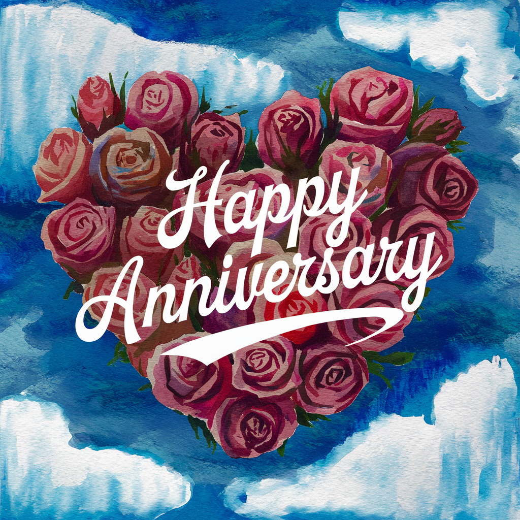 A colorful profile photo featuring a heart-shaped arrangement of roses with the text Happy Anniversary in an elegant font, set against a blue sky background.