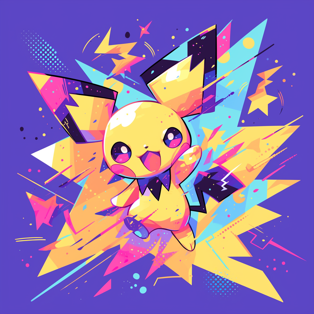 A vibrant illustration of Pichu from Pokémon, featuring bold colors and dynamic shapes, makes for an energetic forum avatar or profile photo.