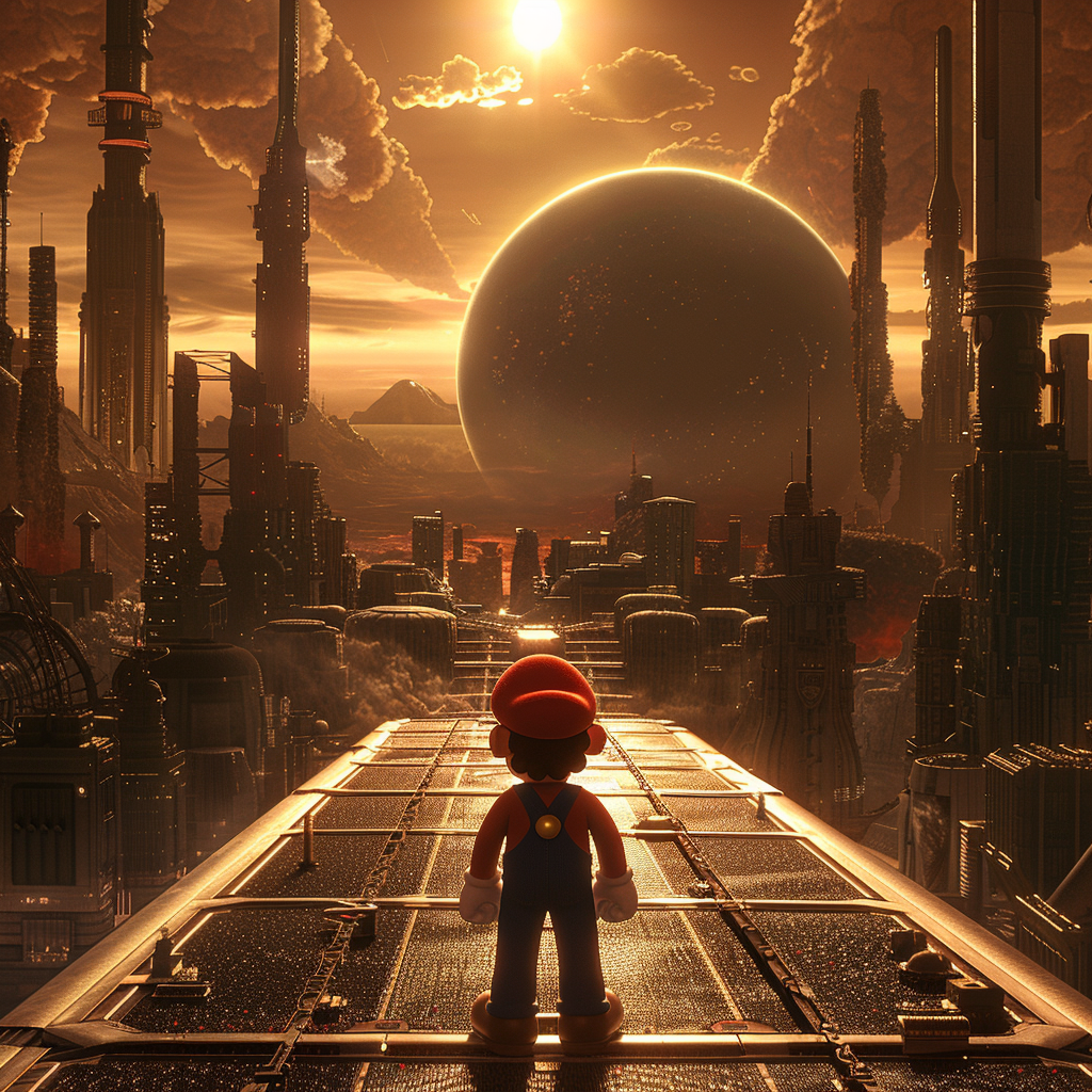 A stylized avatar featuring Mario standing on a futuristic rooftop, gazing at a dramatic sunset and a large planet, set against an intricate cityscape backdrop.