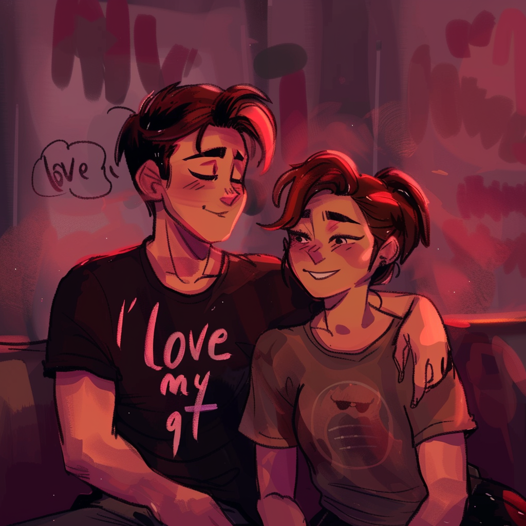 A warm, illustrated profile photo of a couple sitting closely together, smiling. The person on the left wears a shirt that says I love my gf. The mood is affectionate and joyful.