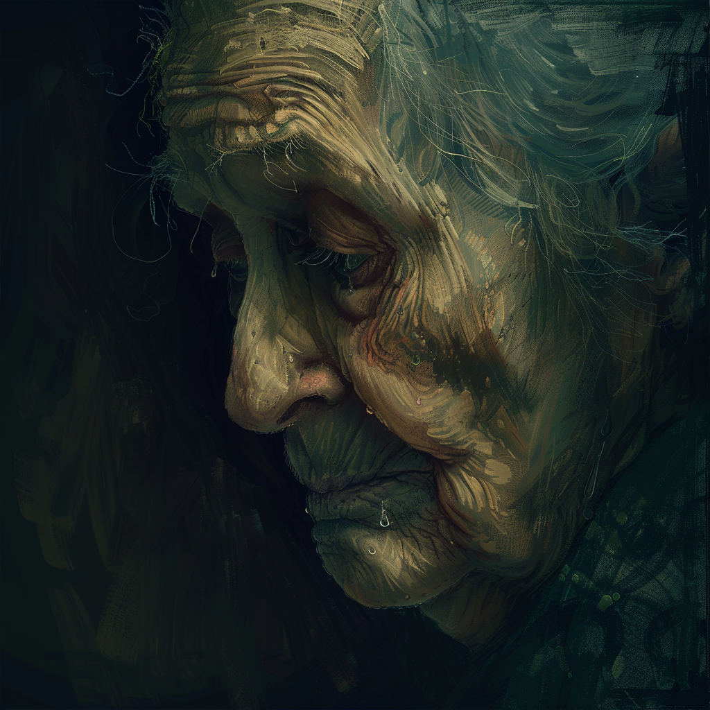 A close-up of an old woman’s profile, depicting sadness and tears. Her wrinkled face captures deep emotion, making this a poignant forum avatar or profile photo.