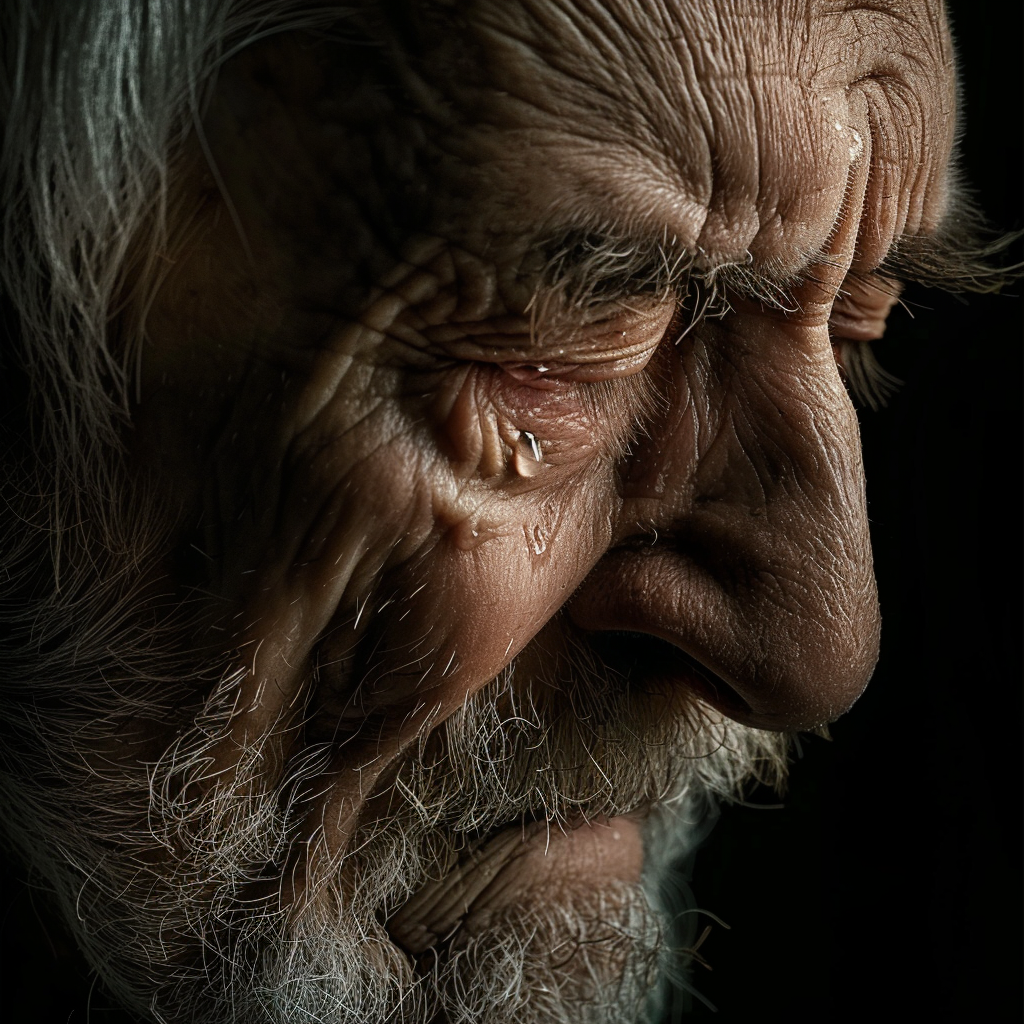 A close-up of a sad, old man with tears in his eyes, showcasing a deeply emotional expression. This image serves as a poignant avatar or profile picture.