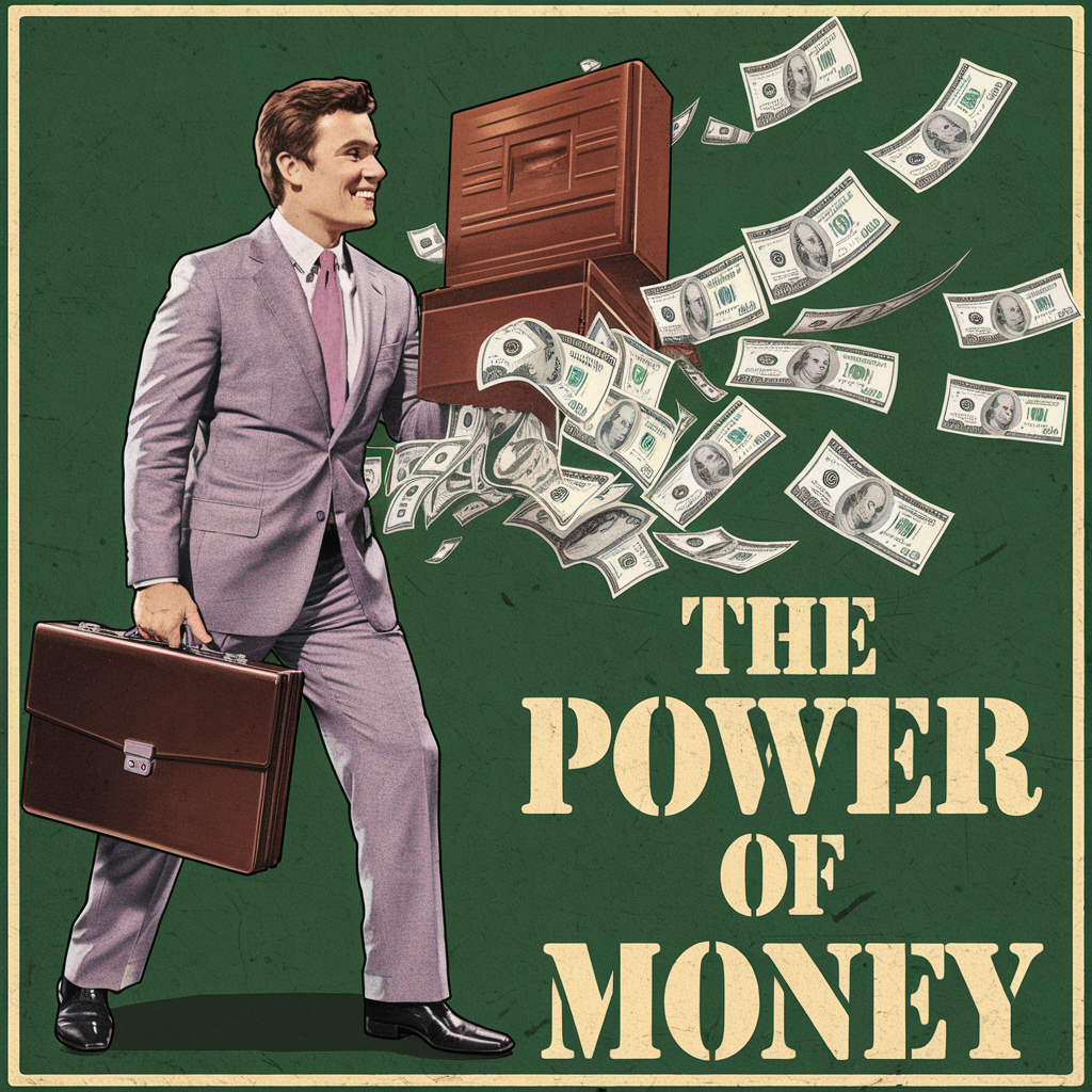 A stylized profile photo features a man in a suit smiling confidently, surrounded by flying money and a briefcase, showcasing The Power of Money theme.