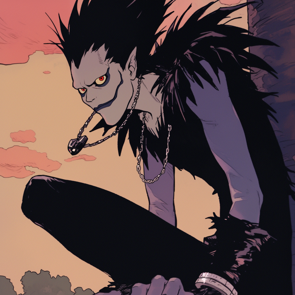 Avatar of Ryuk from Death Note, featuring a dark, winged figure with a mischievous expression, set against a colorful sunset backdrop.