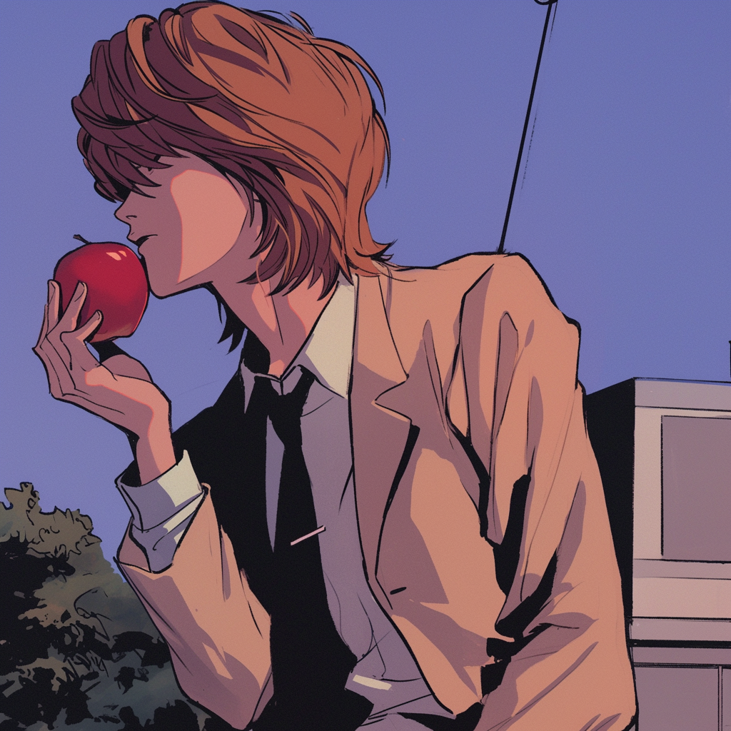 Anime-style profile image of Light Yagami from Death Note holding and smelling a red apple against a twilight sky backdrop.