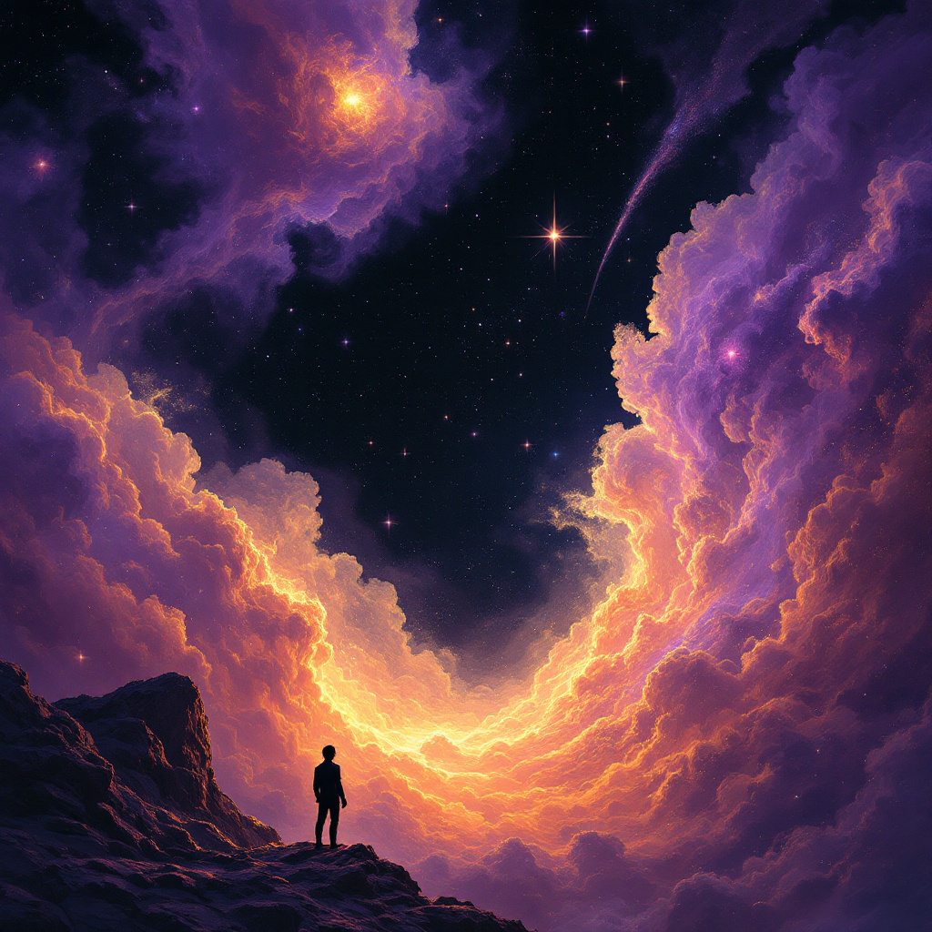A stylized profile photo featuring a silhouetted figure standing on a rocky ledge, gazing up at a vibrant cosmic scene filled with swirling clouds and bright stars.