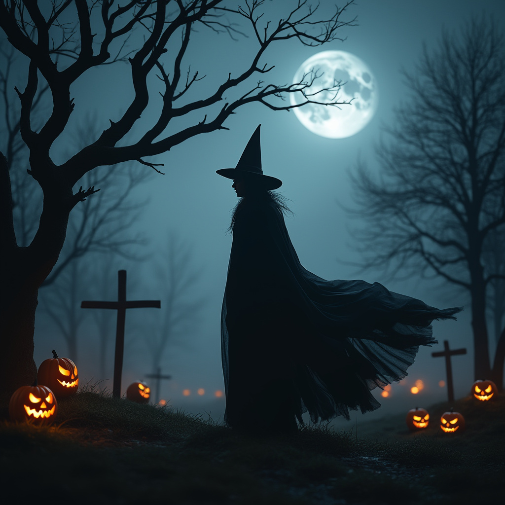 A spooky Halloween-themed avatar featuring a cloaked figure with a witch's hat standing in a moonlit graveyard, surrounded by glowing jack-o'-lanterns and bare trees.