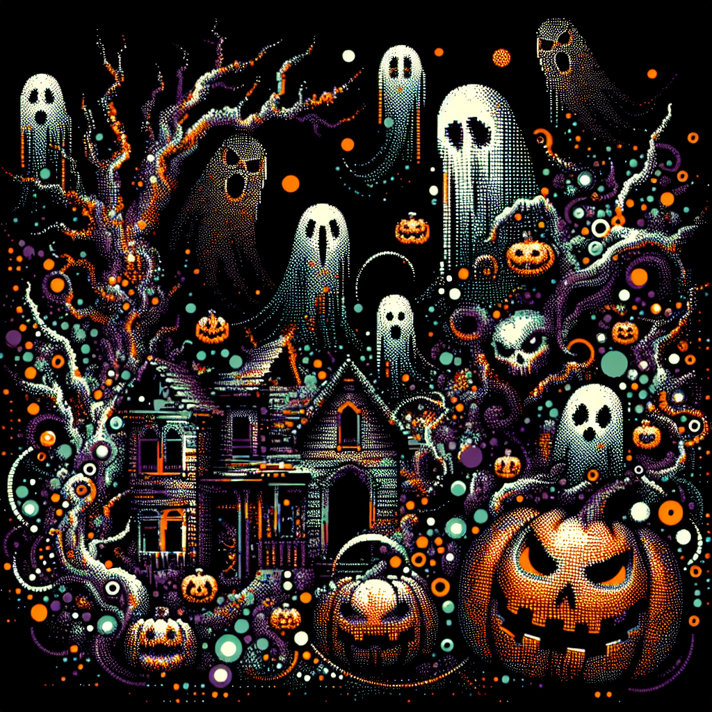 A spooky forum avatar featuring a haunted house, floating ghosts, and carved pumpkins amidst a colorful, eerie background, perfect for embracing the Halloween spirit.