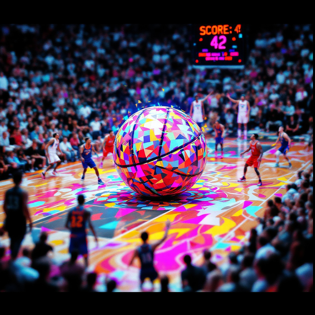 A vibrant basketball court scene featuring a colorful, oversized basketball in the center, surrounded by players in action, creating an engaging profile photo for basketball enthusiasts.